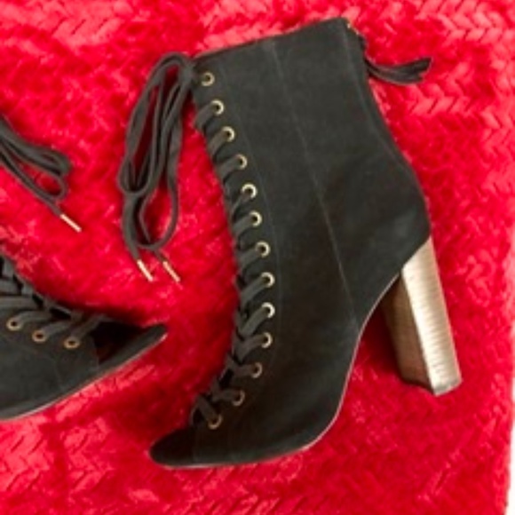 LEATHER Open Toe Lace Up Heeled Boots w Zipper, Size 9 - Picture 7 of 7